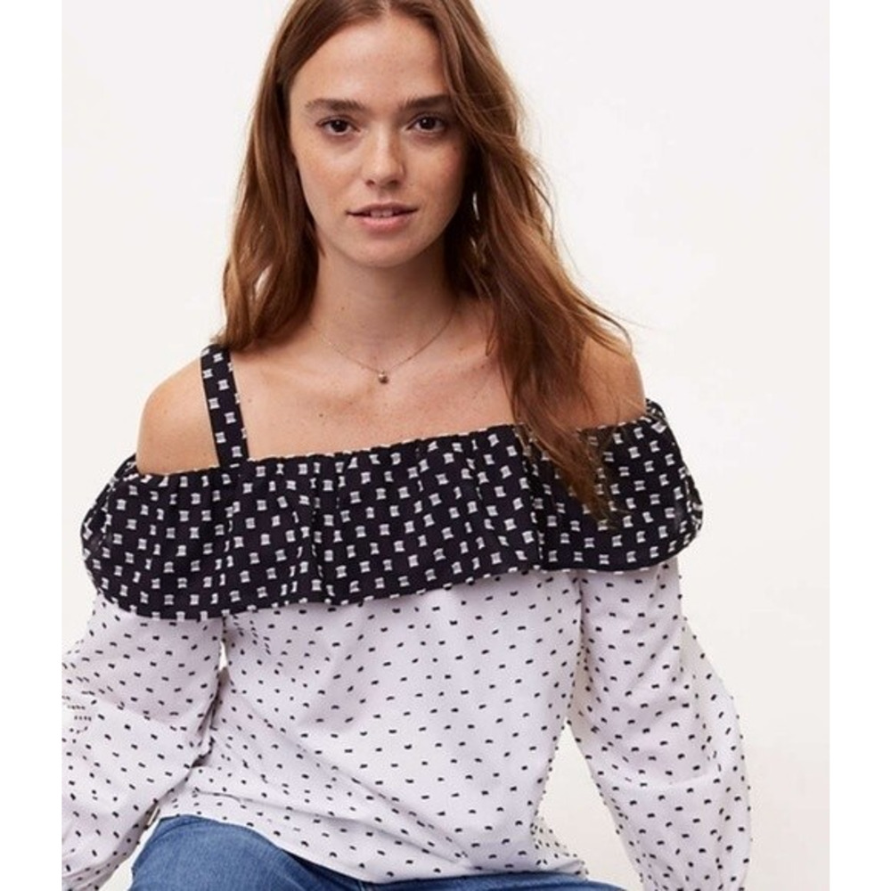 Loft Black White Off Shoulder Polka Dot Top Women's Size XS Blouse NWT